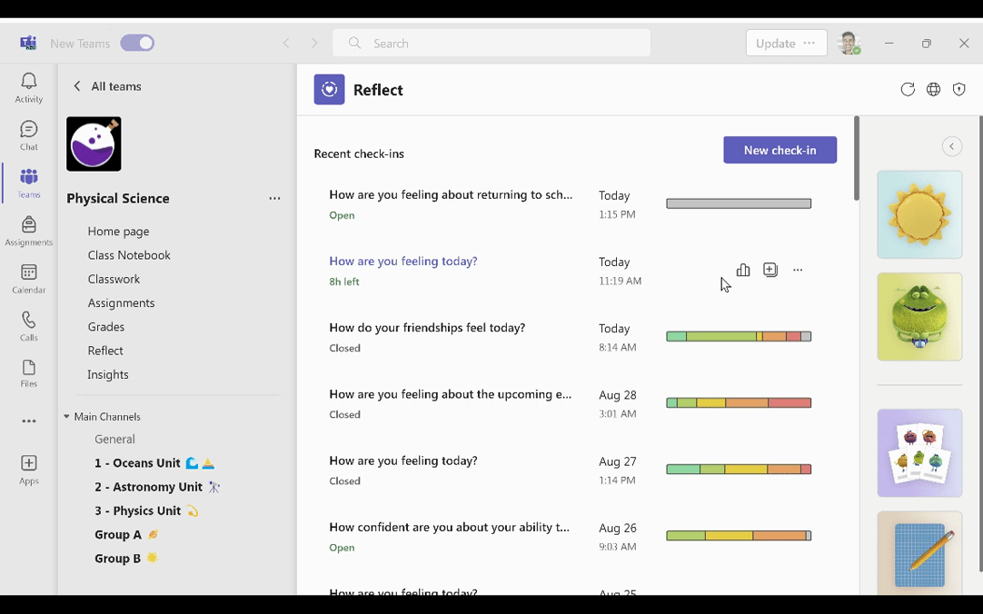 GIF. Vista del profesor de las respuestas de los estudiantes en Microsoft Reflect, junto con una vista resumida de su clase.