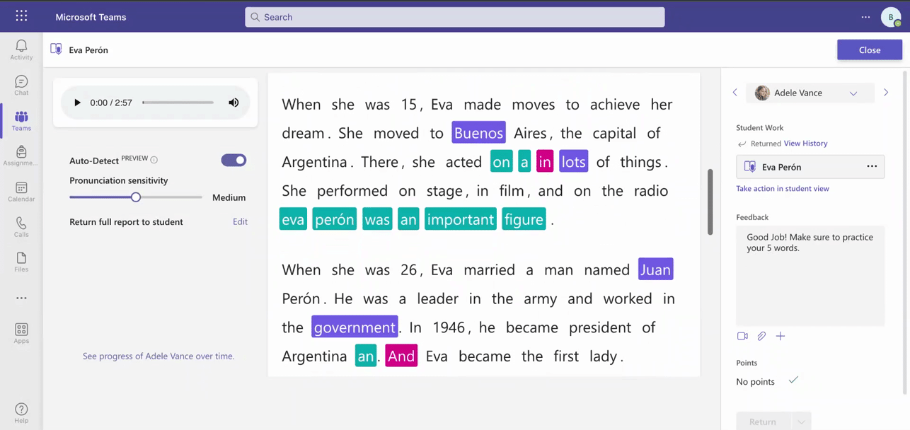 GIF. Panel de Reading Progress en Insights que muestra el progreso de un estudiante, incluidas palabras por minuto, tasa de precisión, palabras desafiantes y más.