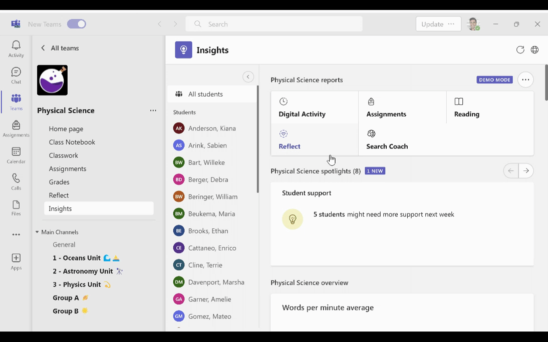 GIF. Interfaz del profesor para revisar las tendencias de registro de Reflect en Microsoft Teams.