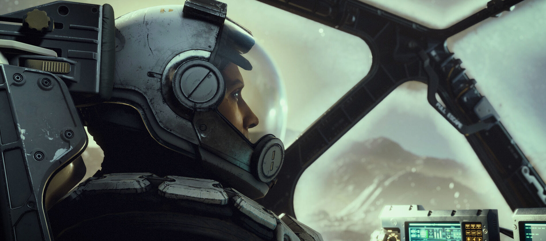 Un piloto dentro de una nave en el videojuego Starfield