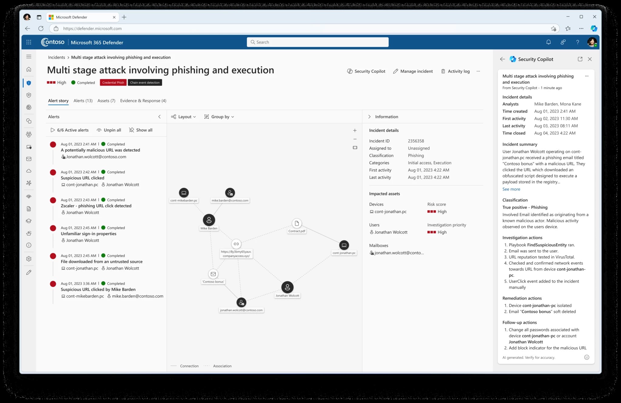 Esta imagen muestra el Microsoft Security Copilot integrado en el portal de Microsoft 365 Defender. Esto muestra cómo se ve un informe de incidente generado.