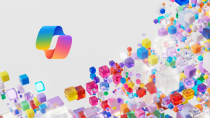 Imagen abstracta con el logotipo de Copilot y algunos cuadros translúcidos de colores