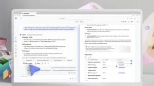 Pantalla del producto que muestra la interfaz de Copilot Pages y la colaboración entre usuarios en la experiencia web de Microsoft 365 Copilot. El fondo de la imagen muestra un visual dinámico de los íconos de las aplicaciones de Microsoft 365.