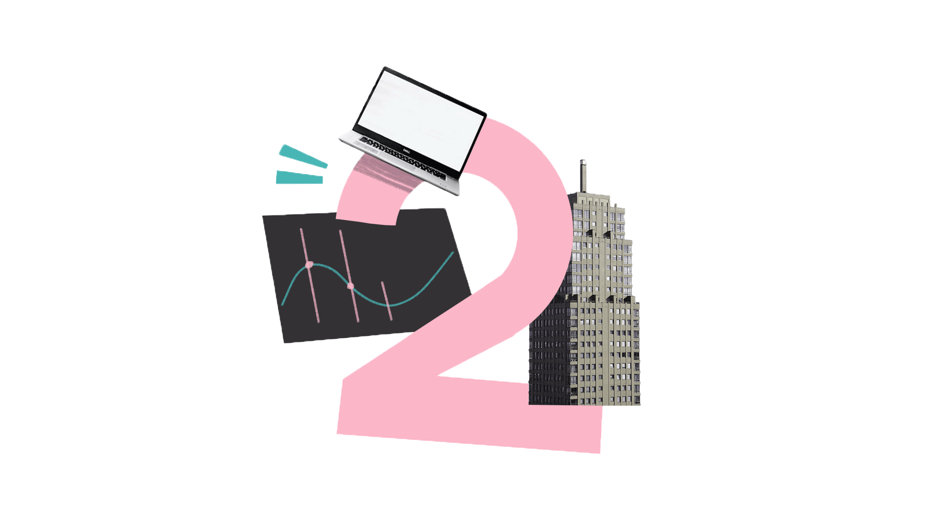Ilustración de un número 2, una laptop, un edificio y una gráfica