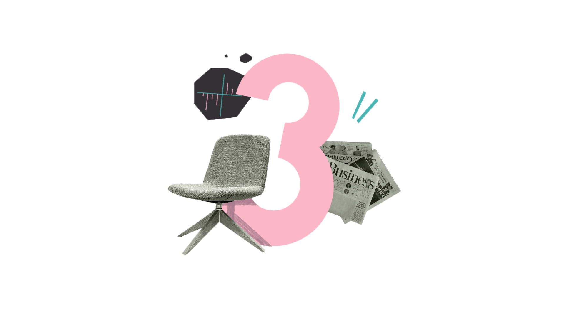 Ilustración de un número 3, una silla de oficina, un periódico y una gráfica