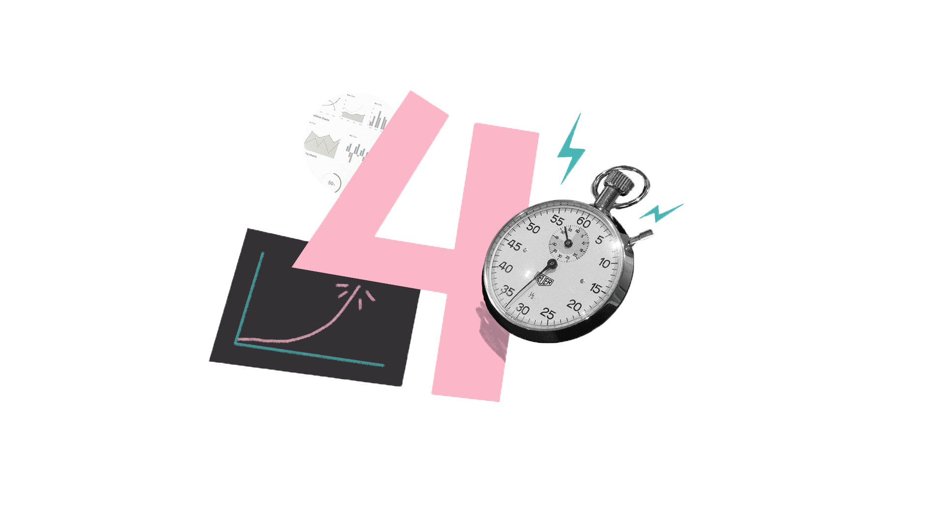 Ilustración de un número 4, un cronómetro mecánico, y dos gráficas