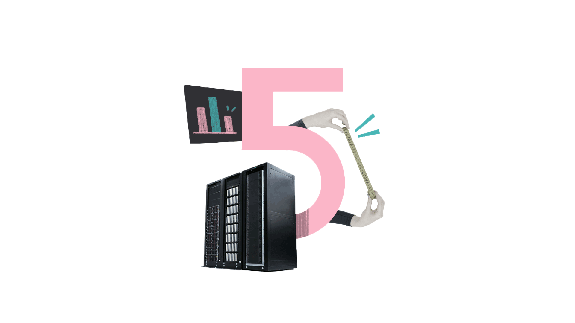Ilustración de un número 5, un rack de servidores, una gráfica y unas manos sosteniendo una cinta métrica