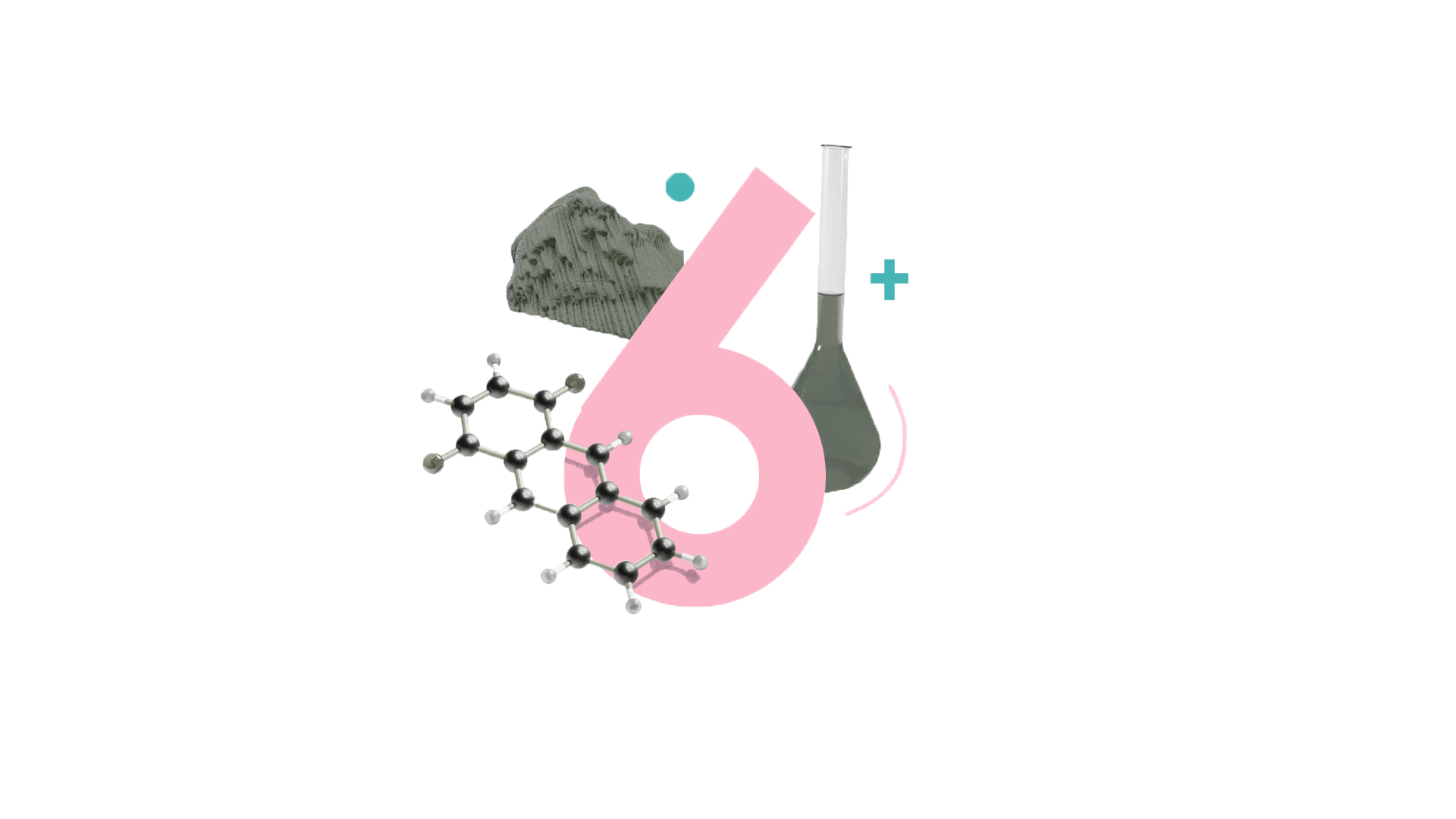 Ilustración de un número 6, un matraz, unos átomos y una piedra