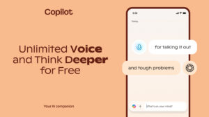 Ilustración de Copilot en un teléfono con el anuncio de acceso ilimitado y gratuito para Think Deeper y Voice
