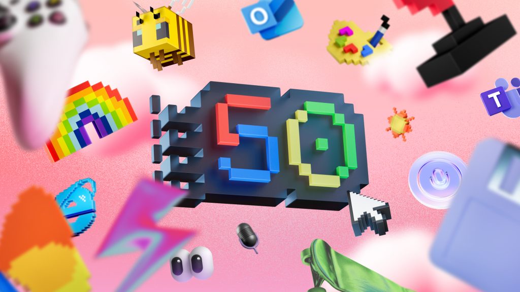 Imagem mostra número 50 cercado por emojis e ícones de produtos Microsoft