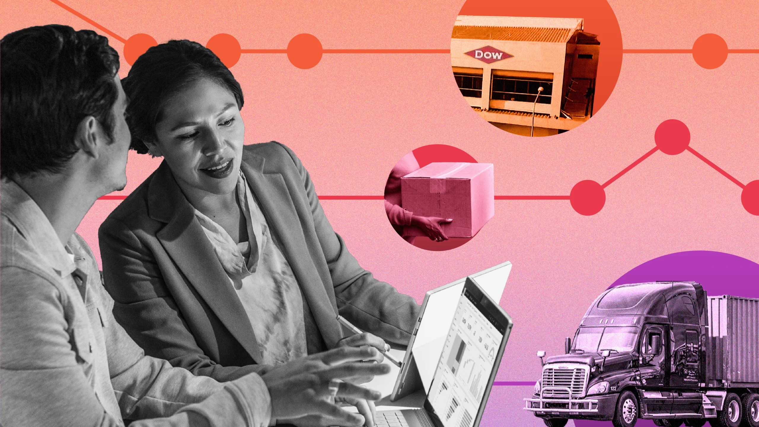 Ilustración en tonos narajas de dos personas observando el monitor de una laptop