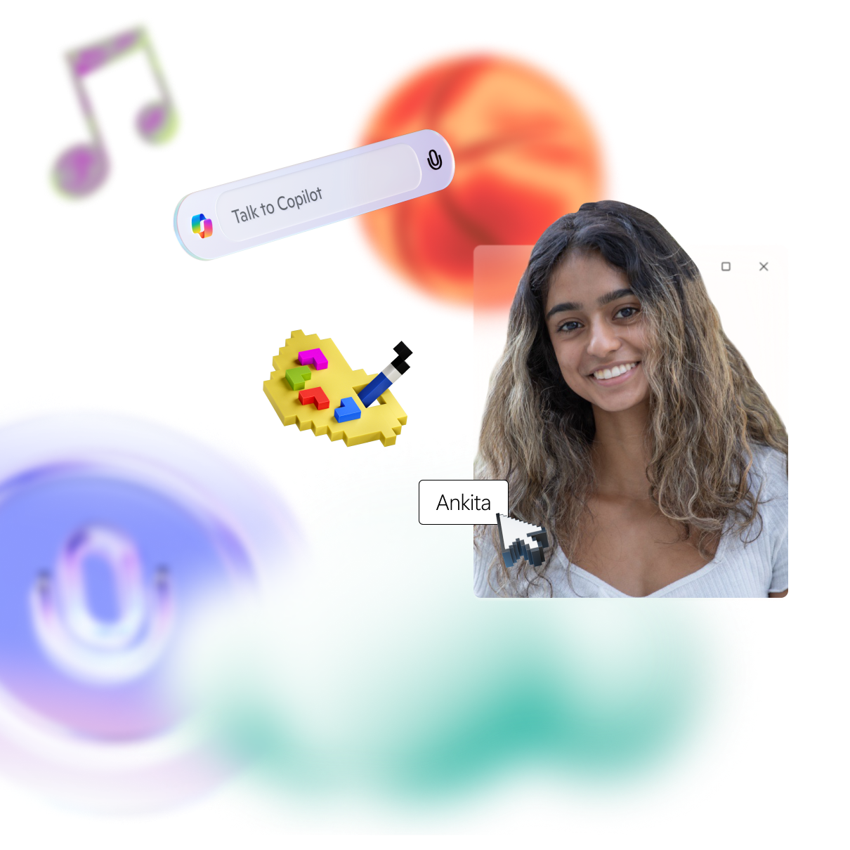 Un collage digital abstracto con una mujer sonriente, una nota musical, un prompt de chatbot, un ícono de micrófono, y fondos coloridos