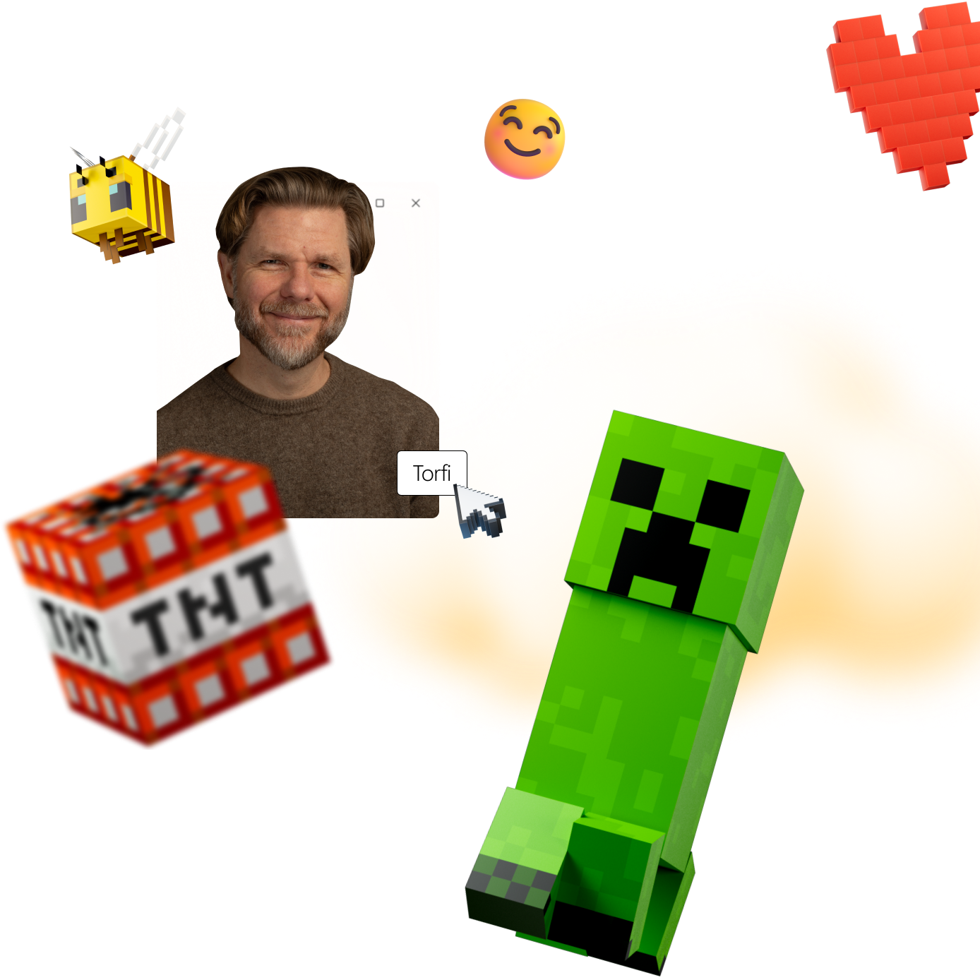 Una persona rodeada de elementos con temática de Minecraft: una abeja, un emoji sonriente, un bloque de TNT, un Creeper, una nube, y un corazón rojo