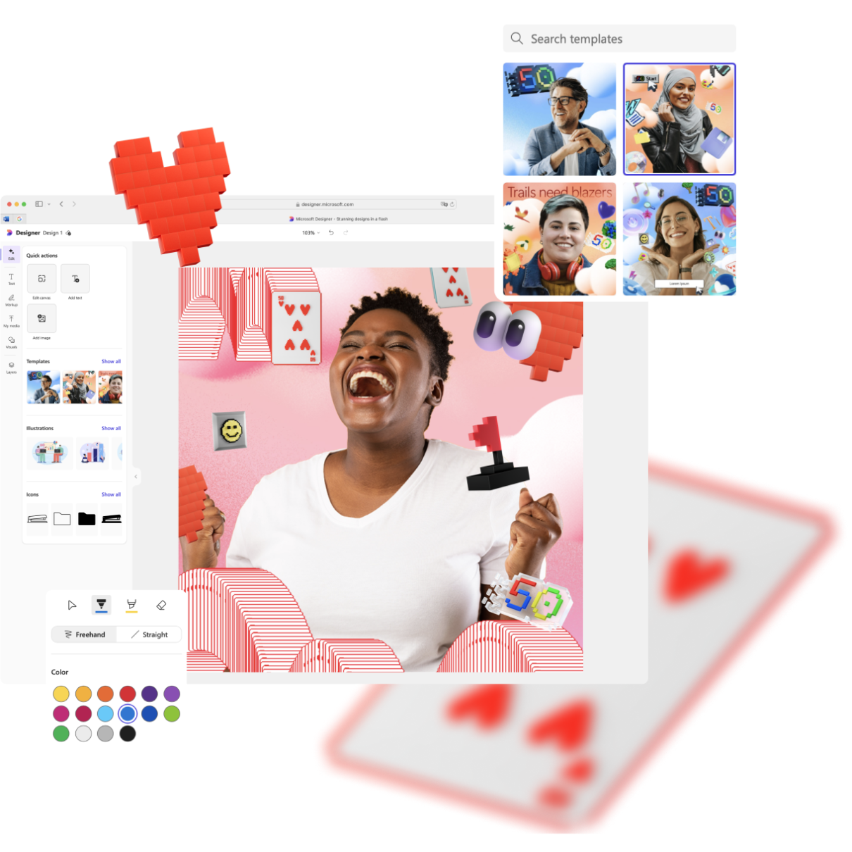 Una persona con una gran sonrisa en un collage digital de un espacio de trabajo con elementos creativos como corazones y cartas. Una plantilla de ventana de búsqueda está abierta, mostrando diferentes opciones de diseño