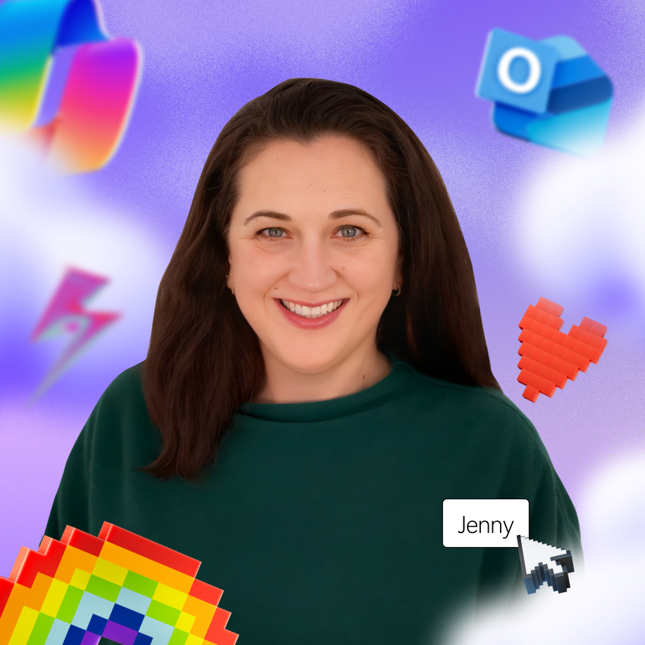 Una persona sonríe frente a un colorido fondo digital con íconos que incluyen una app de email, un corazón, y un arcoíris. Una etiqueta dice "Jenny"