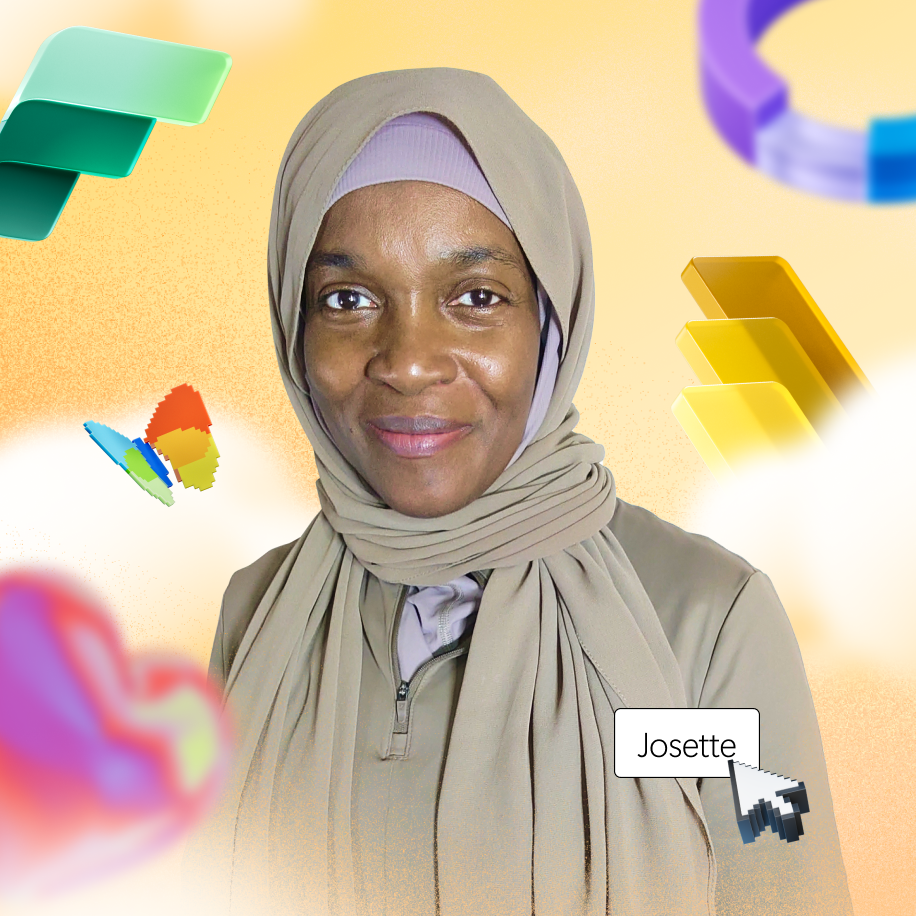 Una persona usa un hijab café claro y prendas color beige, rodeada por formas abstractas coloridas e íconos digitales. Una etiqueta con el nombre "Josette"; y un cursor está cerca de ella