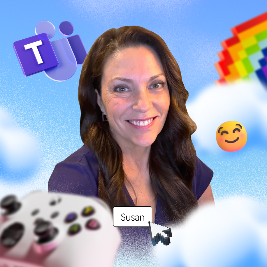 Mujer con cabello largo y café sonríe, rodeada por gráficos que incluyen un arcoíris, un control de videojuegos, un emoji, y un icono de Microsoft Teams, frente a un cielo lleno de nubes. La etiqueta del nombre dice "Susan"