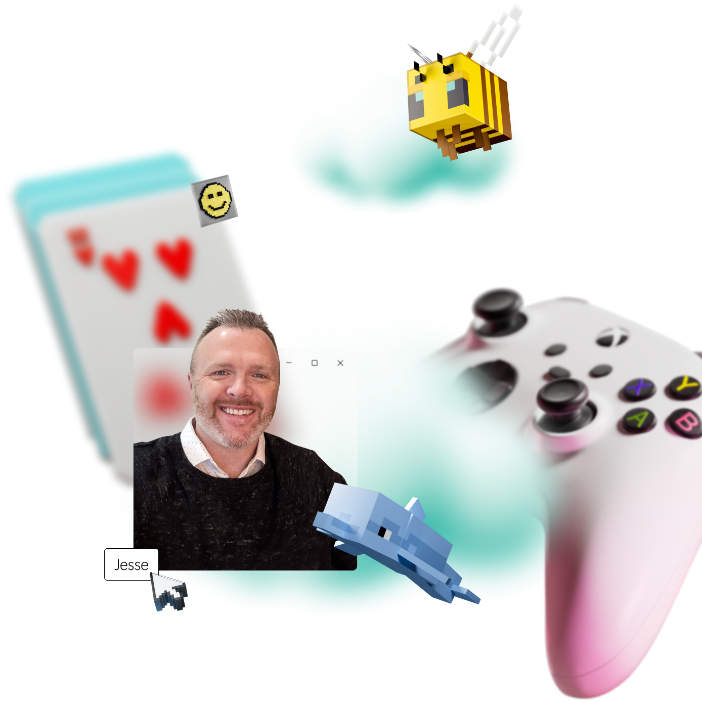 Un hombre sonríe cerca de gráficos de nubes, junto a una carta de juego, una abeja, un delfín y un control de videojuegos