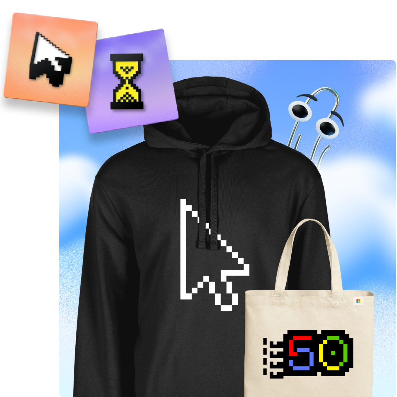 Una sudadera negra con un diseño de cursor pixelado y un bolso de super con un logo pixelado de "50". Los elementos que las rodean incluyen un cursor y un reloj de arena pixelados, y unos ojos de caricatura en un fondo con un cielo azul