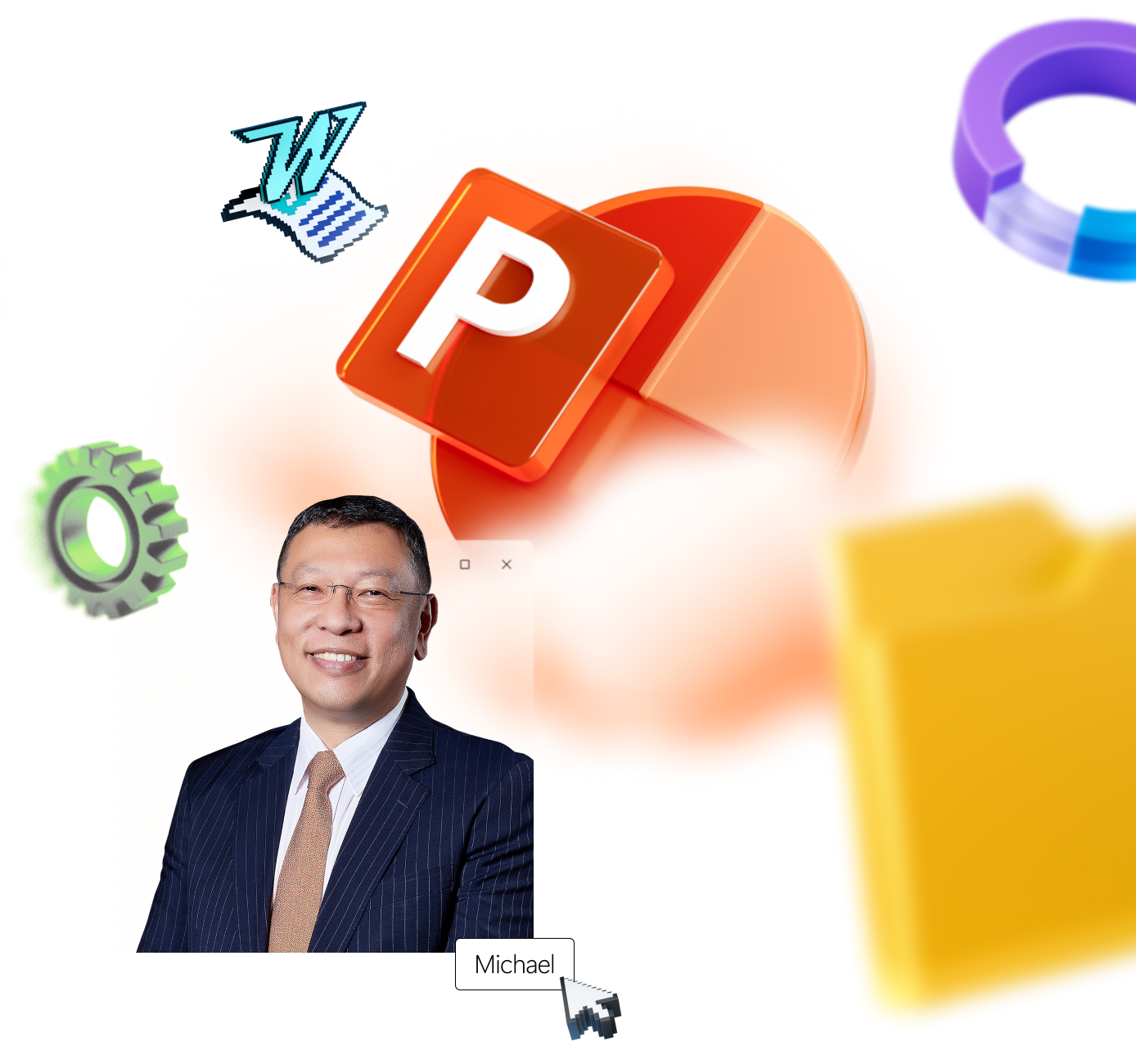 Hombre con traje y lentes enmarcado frente a un logo de PowerPoint, rodeado de diferentes iconos que incluyen Word, un engrane y una carpeta