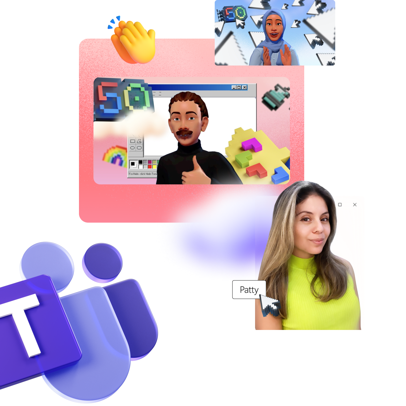 Collage digital que muestra el logo de Teams, personajes digitales en videollamadas, y una mujer con una blusa amarilla con la etiqueta "Patty", iconos y emojis están esparcidos por toda la imagen