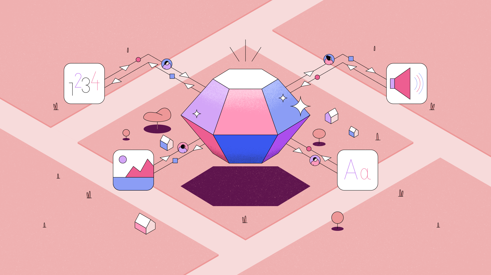 Ilustración que simula una IA multimodal en tonos rosas, con figuras como un diamante, un corazón, una representación de imagen y una representación de texto