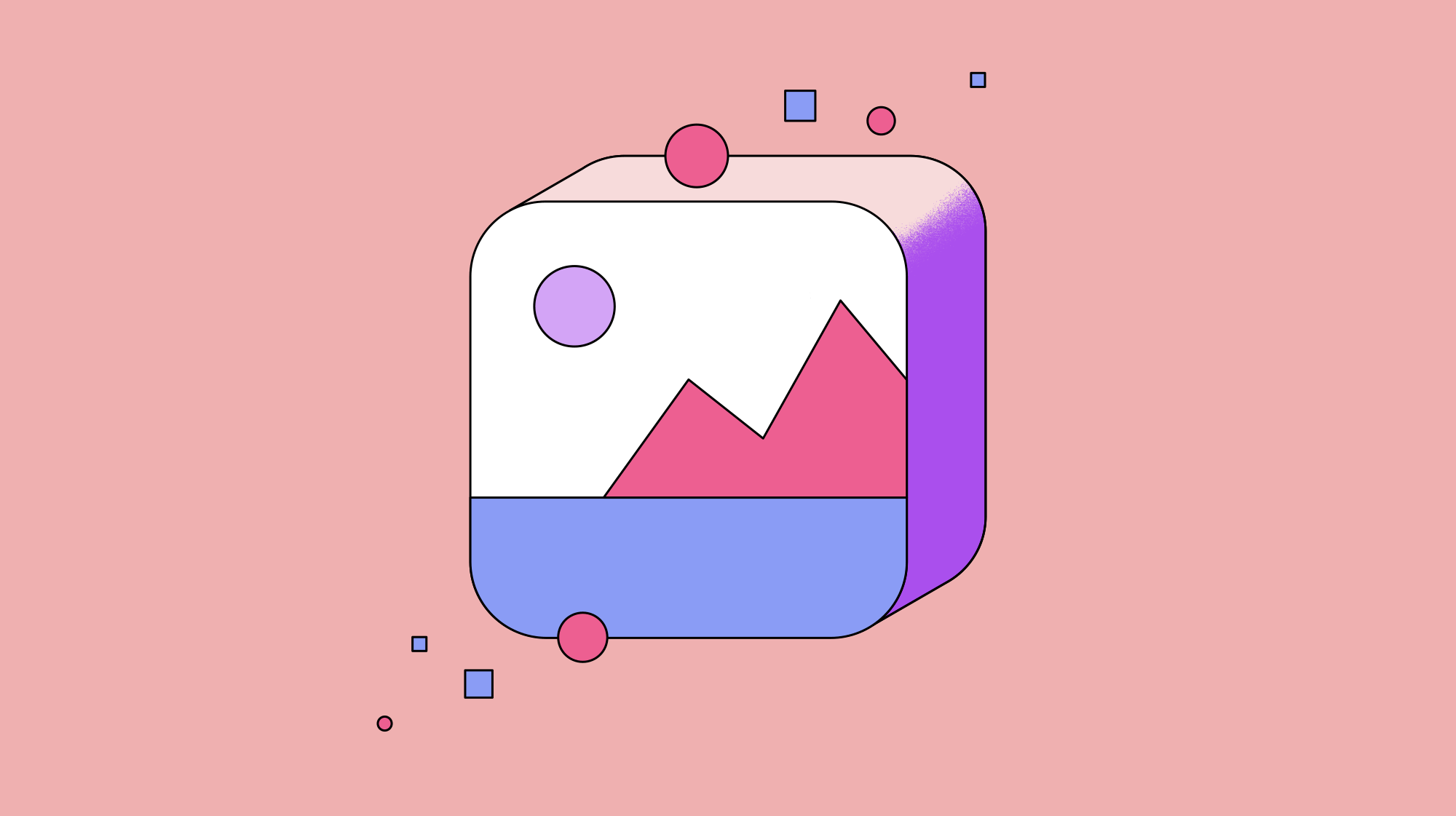 Ilustración con un cubo con la representación gráfica de imagen dentro, en tonos rojos y rosas