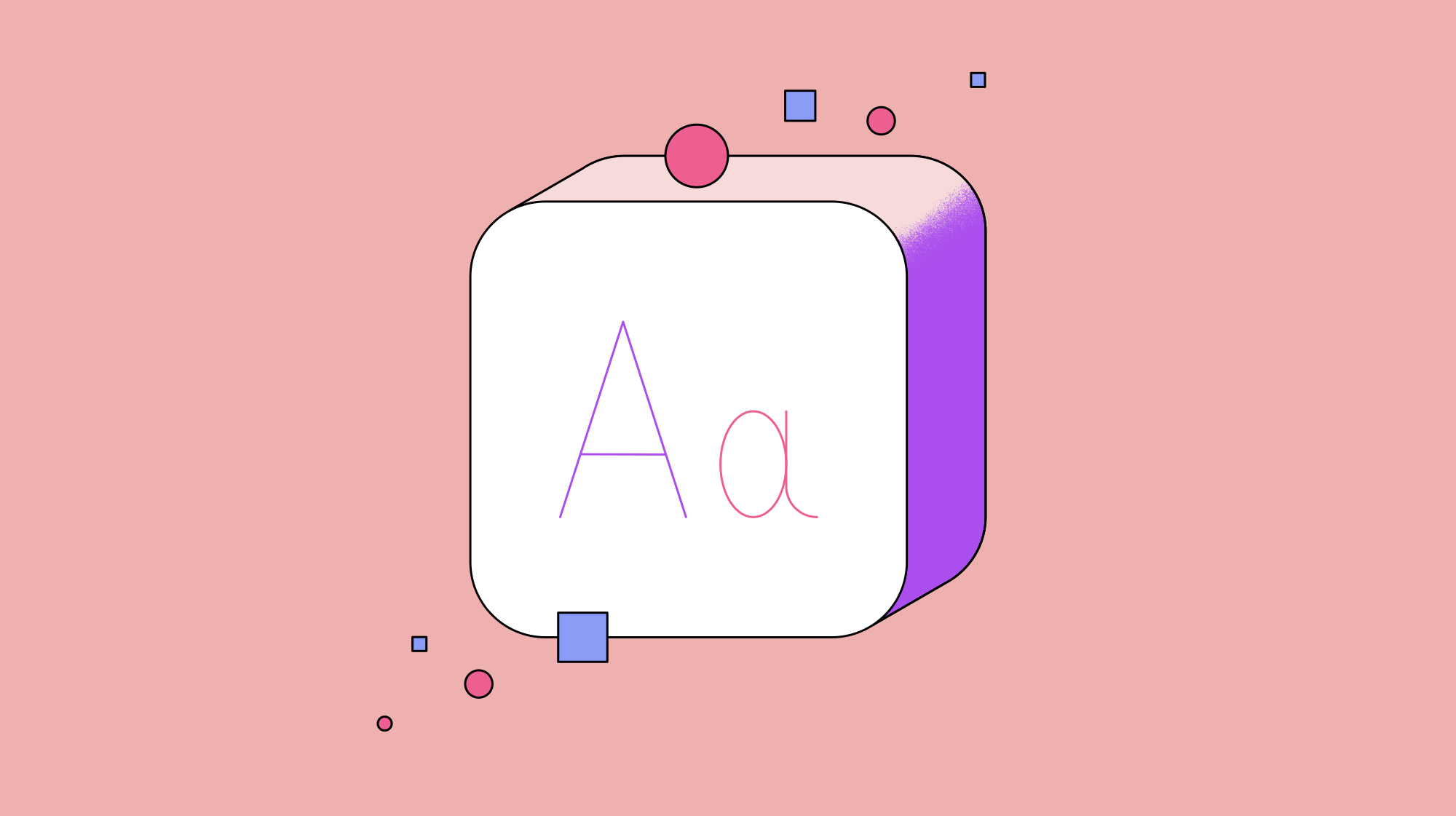 Ilustración con un cubo con letras dentro, en tonos rojos y rosas