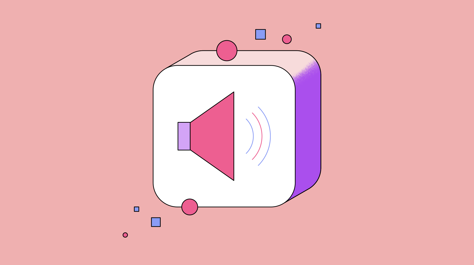 Ilustración con un cubo con la representación gráfica de volumen dentro, en tonos rojos y rosas