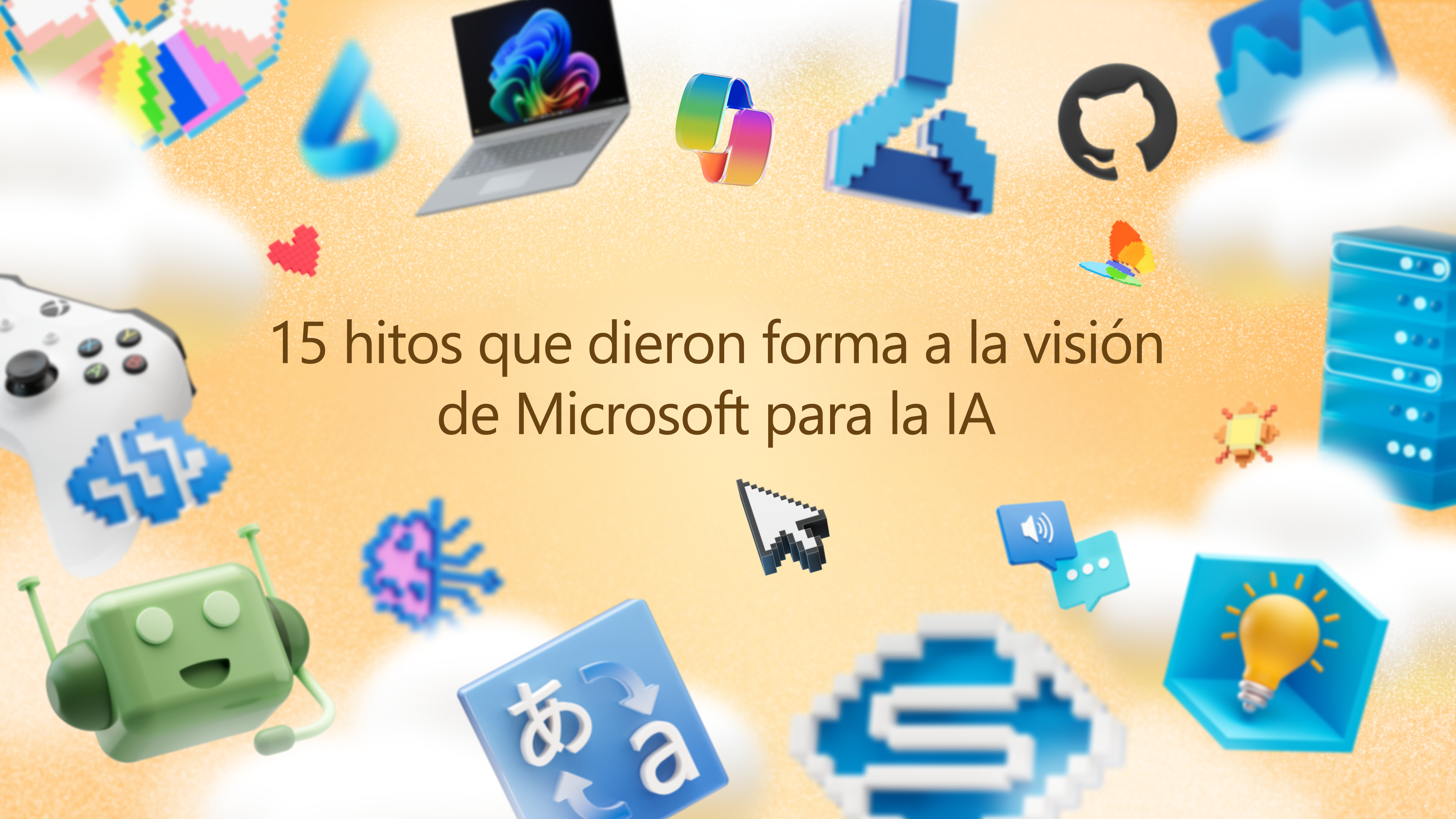 Cartel con iconos y las letras "15 hitos que dieron forma a la visión de Microsoft para la IA"