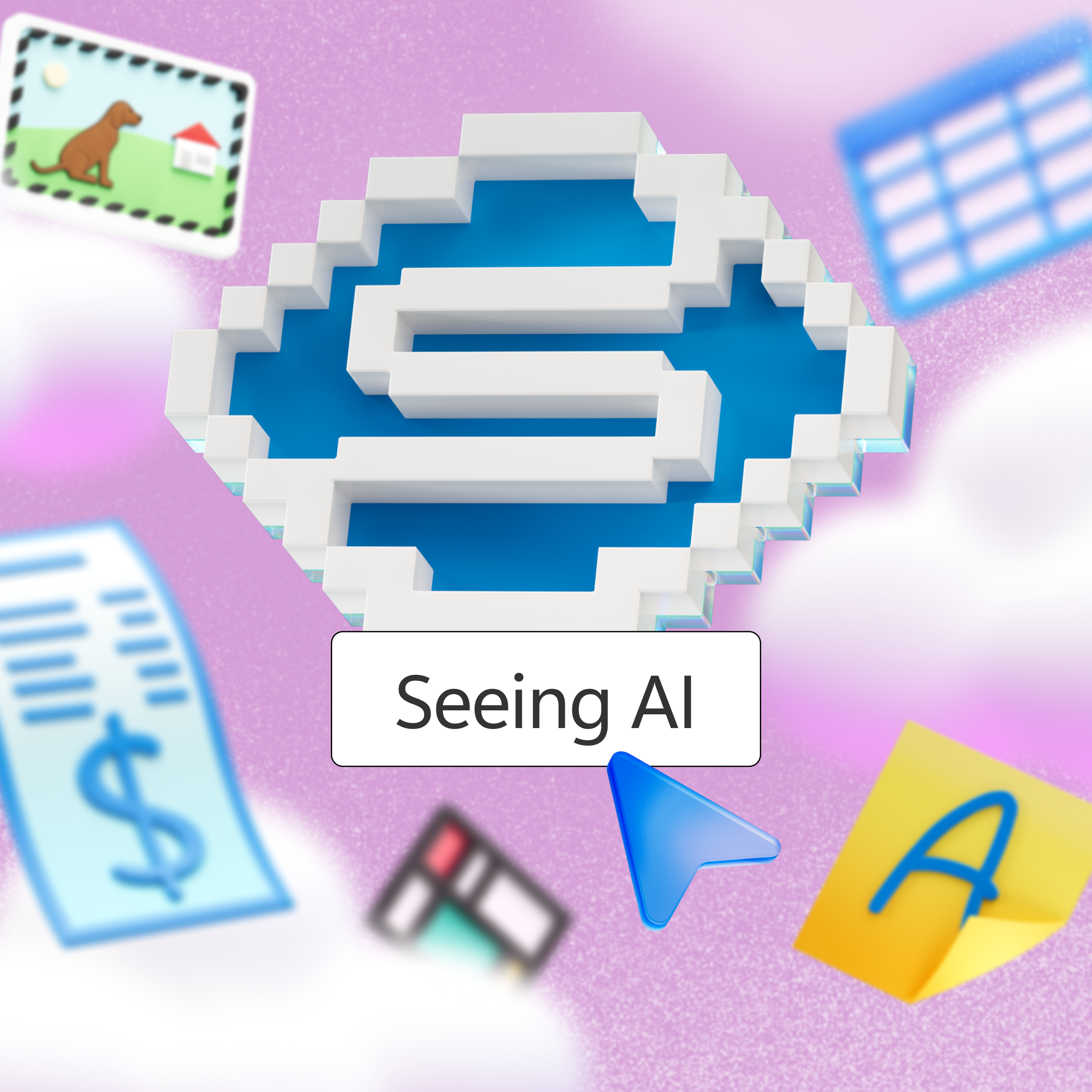 Logo de Seeing AI, rodeado de diferentes iconos, y el letrero "Seeing AI"