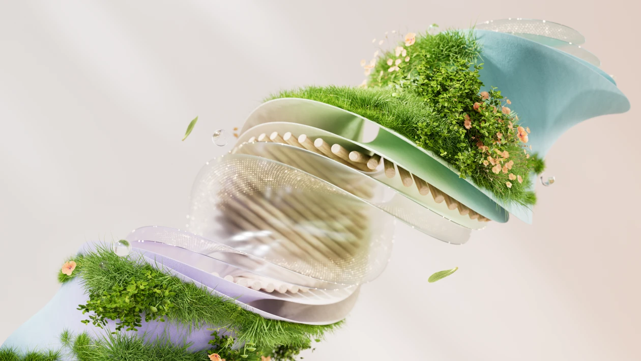 Imagen decorativa de una espiral abstracta con elementos verdes, azules y morados