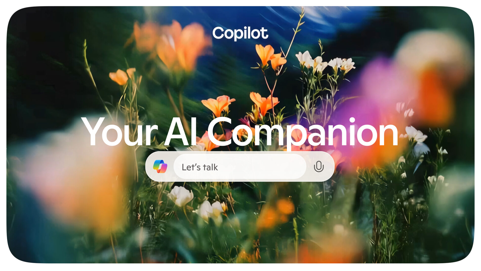 Fondo de flores desenfocado con el texto "Copilot" y "Your AI Companion"