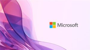 Ilustración abstracta de ondas de colores en tonos violetas y rosas con el logo de Microsoft en el lado derecho