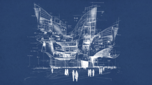 Imagem mostra o desenho de um esboço com traços finos de um prédio e pessoas na frente dele em tons de azul e branco