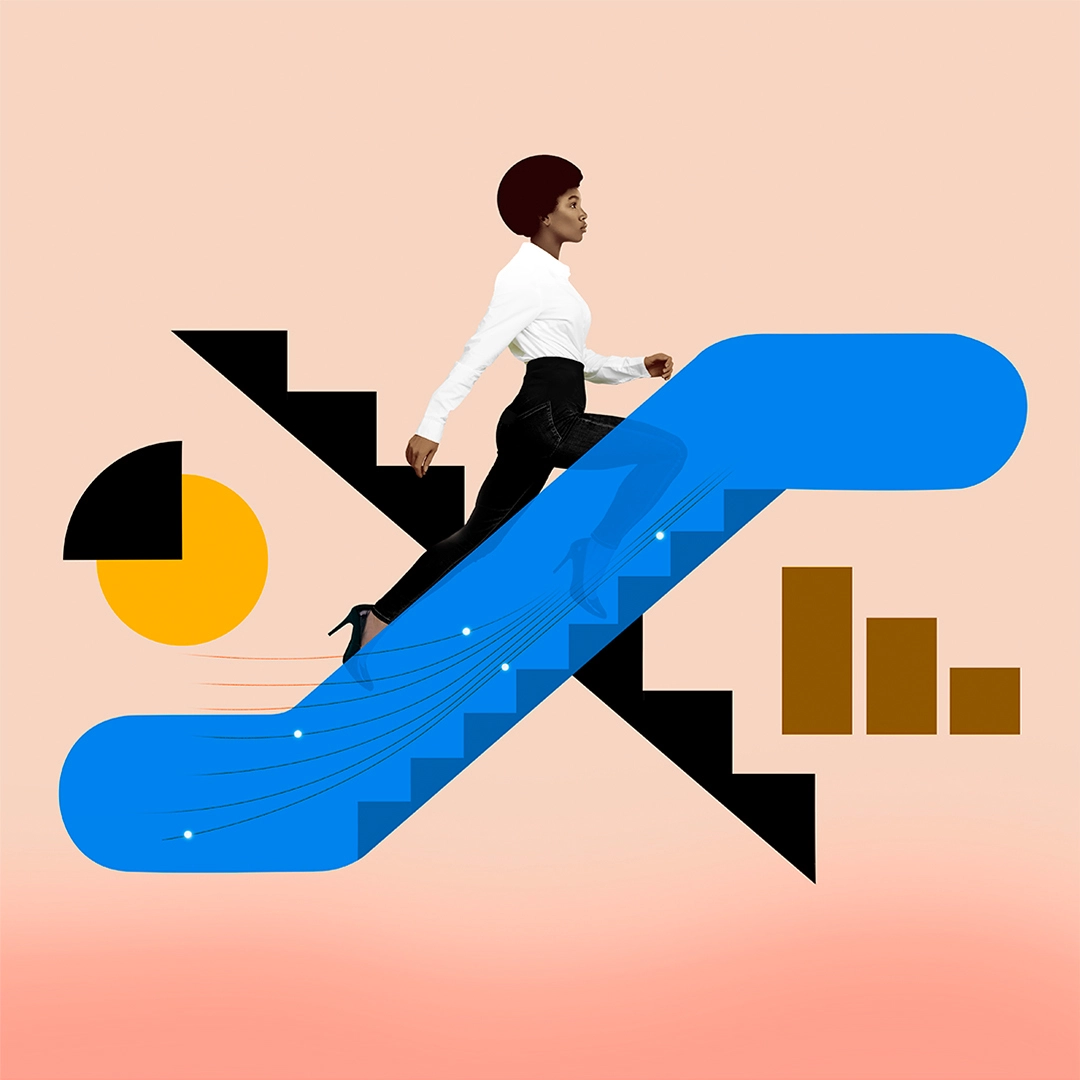 Un collage de íconos ilustrados, incluyendo un gráfico circular, un gráfico de barras y una escalera, que presenta una imagen silueteada de una persona aparentemente caminando hacia arriba.
