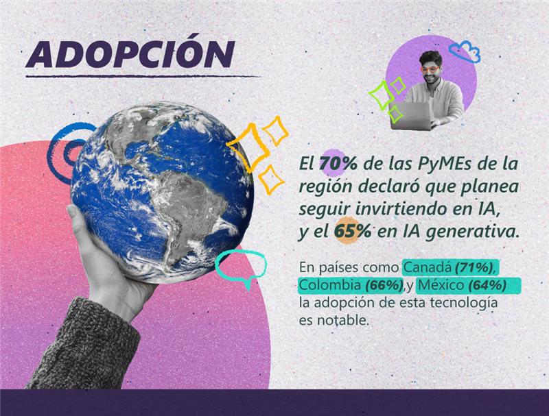 Una mano sostiene a la Tierra, al lado, un hombre trabaja en una laptop