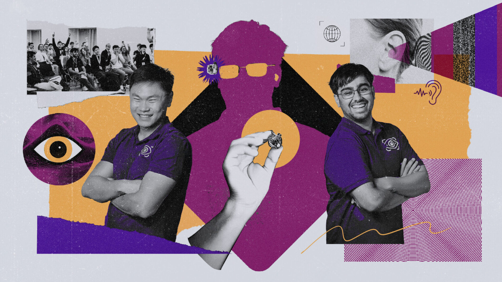 Dos personas con camisetas a juego están sonriendo con los brazos cruzados, junto a una silueta que sostiene un pequeño dispositivo. El collage presenta formas abstractas, un ojo y una oreja.