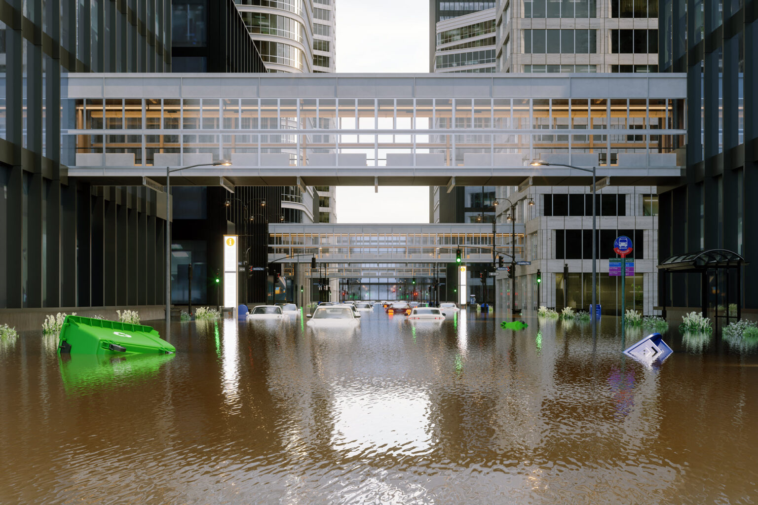 Ciudad inundada, con autos y escombros sumergidos