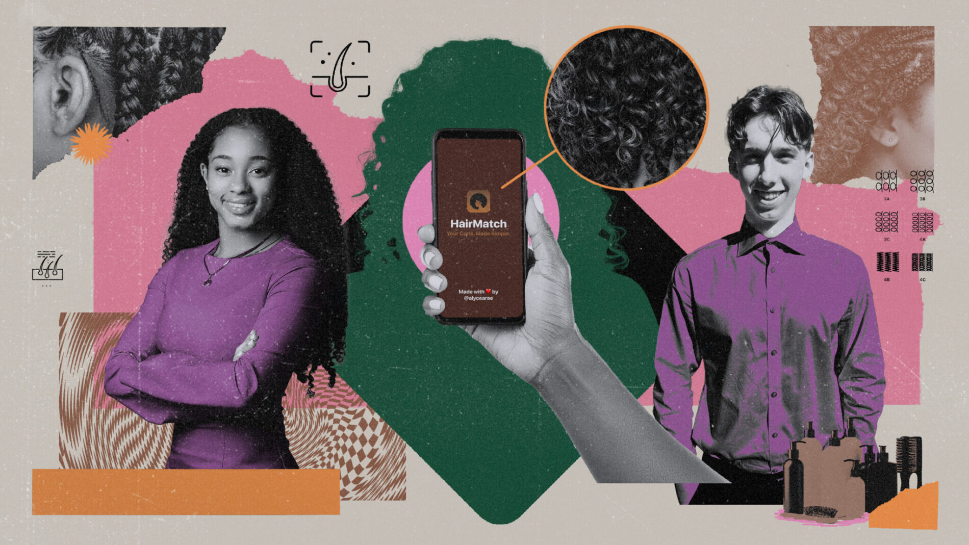 Dos personas sonríen junto a una mano que sostiene un teléfono que muestra la aplicación HairMatch. El collage incluye texturas de cabello rizado, productos de cuidado y patrones abstractos.