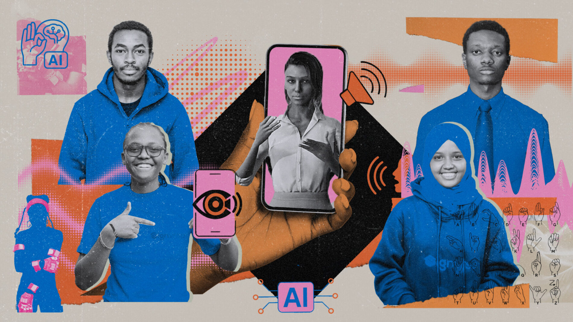 Cinco personas están de pie alrededor de un teléfono que muestra un avatar digital utilizando lenguaje de señas. El collage incluye íconos de IA, visión y sonido.