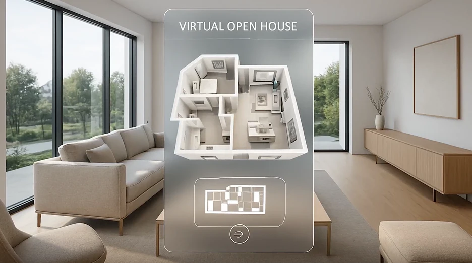 Una casa abierta virtual con una habitación que tiene un sofá y una ventana