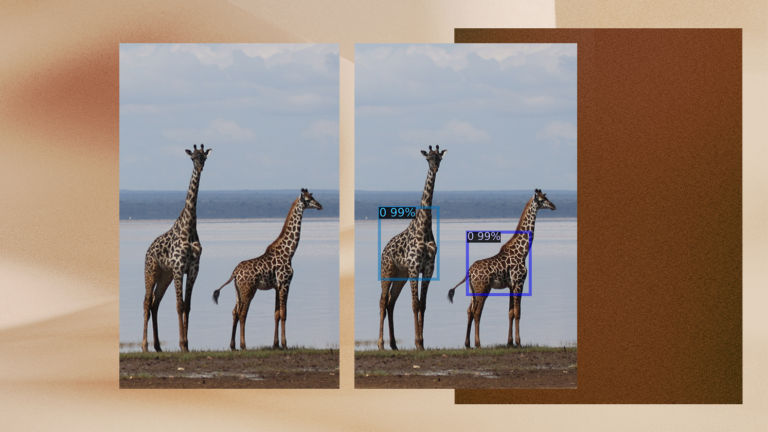 La imagen presenta un collage digital con dos elementos principales. El primero es una escena naturalista que muestra a dos jirafas de pie sobre una zona de pasto cerca de un cuerpo de agua, bajo un cielo nublado. El segundo elemento presenta una superposición visual en el lado derecho, donde cada jirafa está encerrada en un recuadro azul con la etiqueta 0.99%, lo que indica un proceso de detección por inteligencia artificial. Estos elementos están superpuestos sobre un fondo de tonos marrones y arenosos desenfocados, lo que sugiere una combinación de observación de la vida silvestre y análisis tecnológico.