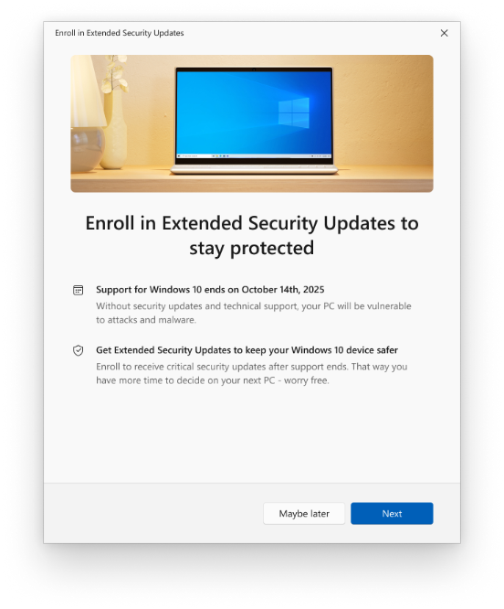 Página de bienvenida de Actualizaciones Extendidas de Seguridad