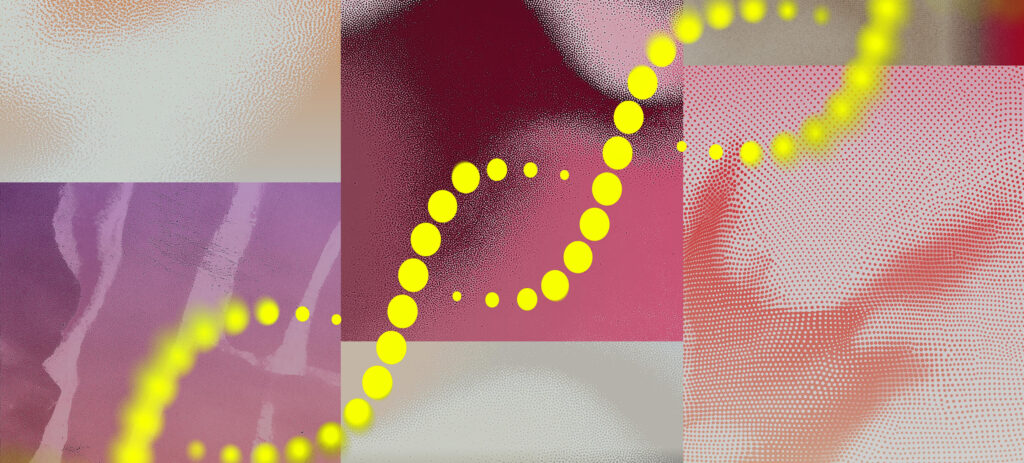 Ilustración abstracta con una espiral punteada amarilla que recuerda a una hélice de ADN, superpuesta sobre cuadros texturizados en tonos de rosa, rojo, crema y púrpura, con patrones y degradados variados.