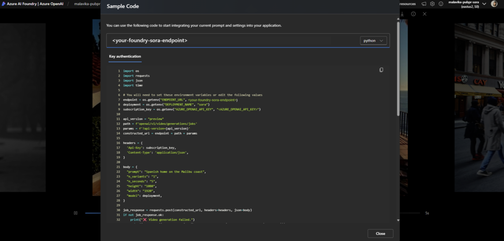 Captura de pantalla de un código muestra de la creación de video en Azure AI Foundry