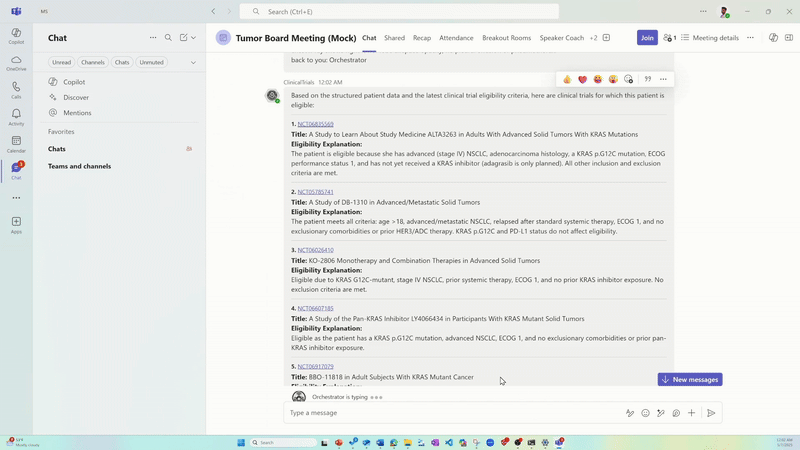 Una grabación de pantalla que demuestra la integración del flujo de trabajo multiagente con Microsoft Teams, lo que permite que múltiples expertos humanos interactúen directamente con agentes de inteligencia artificial especializados en atención médica.