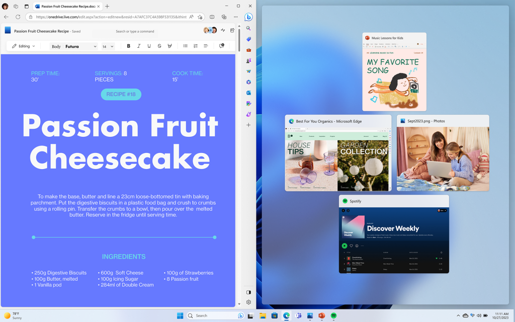 Pantalla de Windows 11 que muestra aplicaciones ajustadas de Edge, Spotify, Fotos y PowerPoint