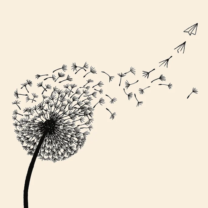 Ilustración minimalista de un diente de león cuyas semillas, al ser llevadas por el viento, se transforman en pequeños aviones de papel. Fondo beige claro y líneas negras simples