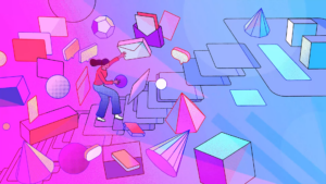Ilustración de una persona subiendo escaleras, rodeada de elementos gráficos como íconos de correo, agendas, y más
